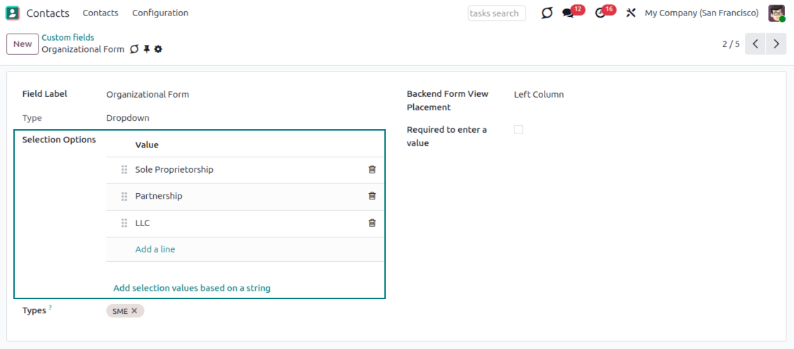 Selection fields for Odoo contacts