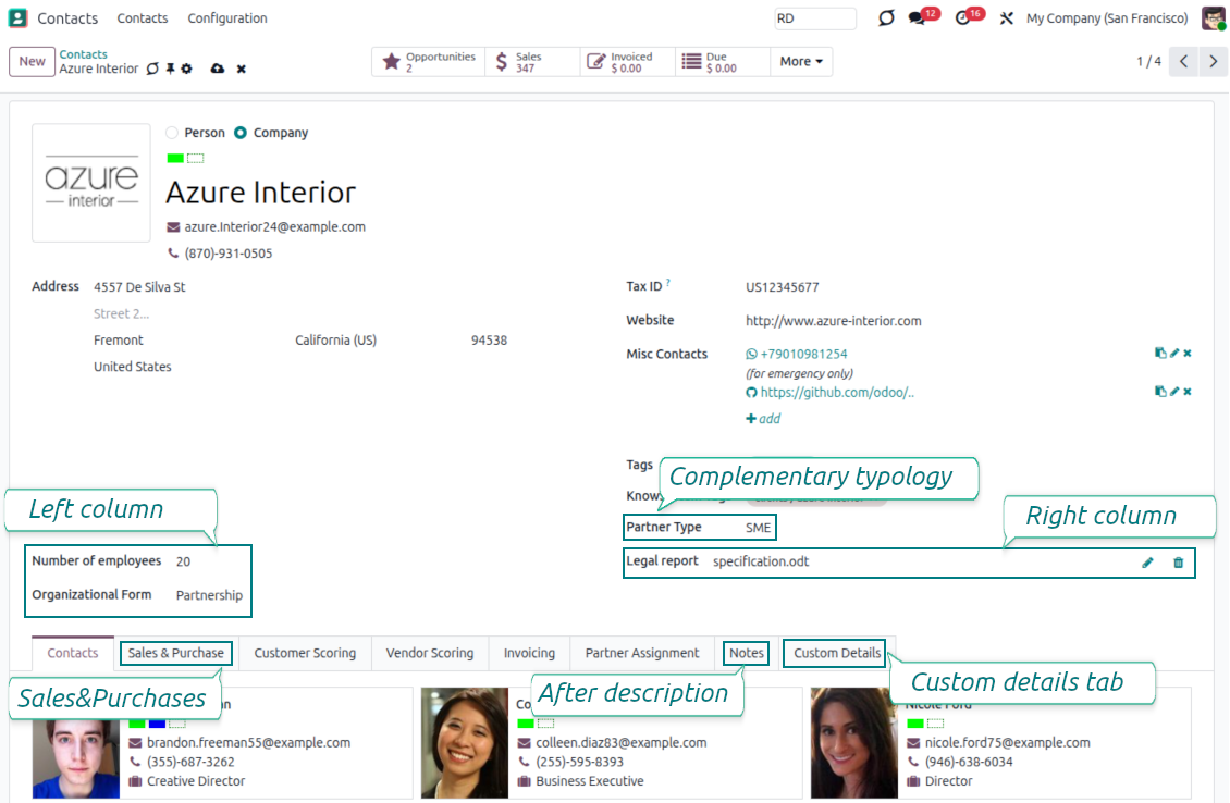 Customized Odoo form view of contacts