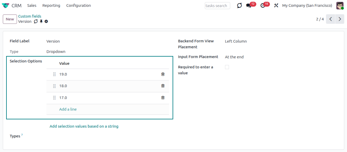 Selection fields for CRM opportunities and leads