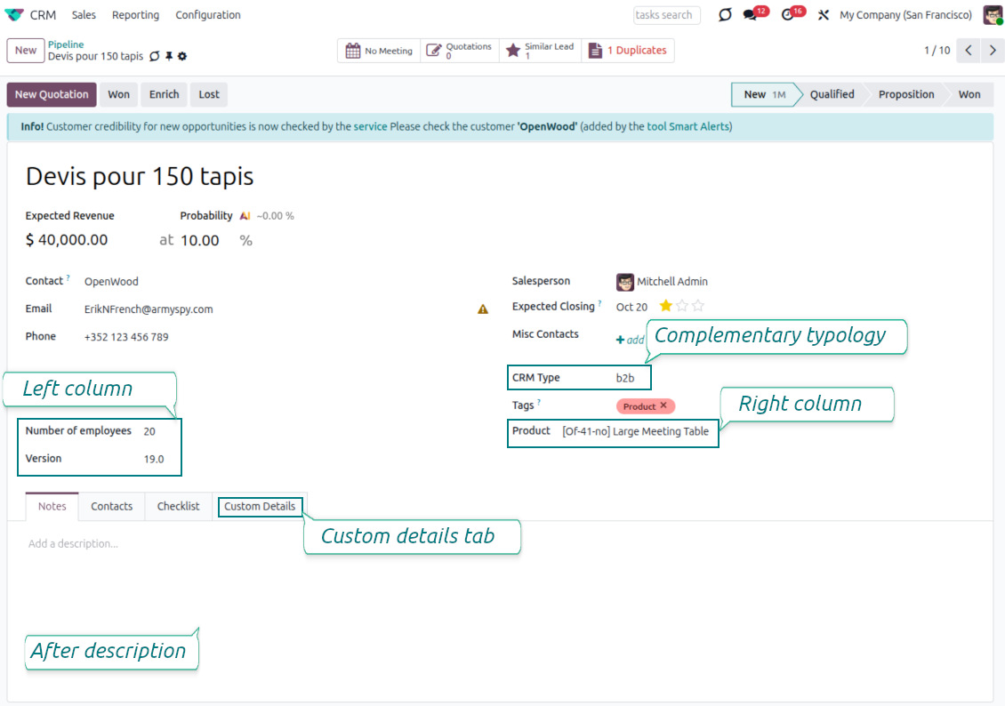 Customized form view of CRM opportunities