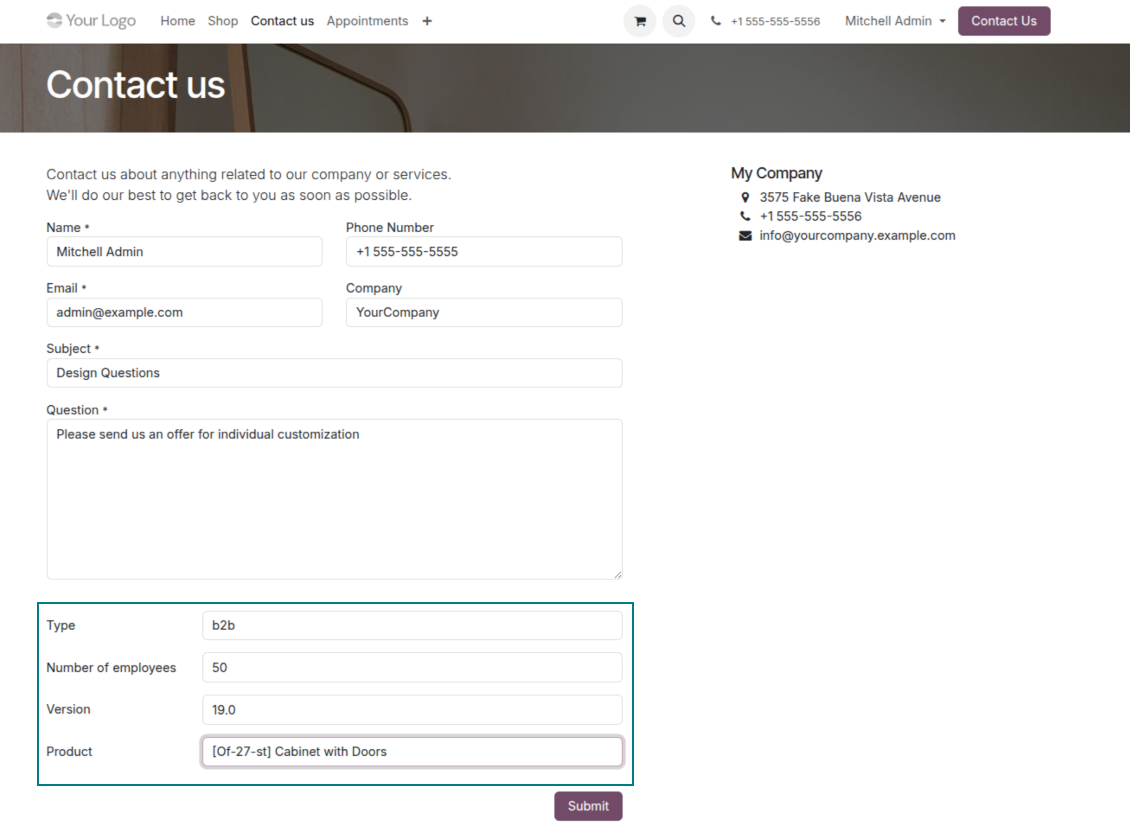 Lead custom fields for the Odoo contact us form