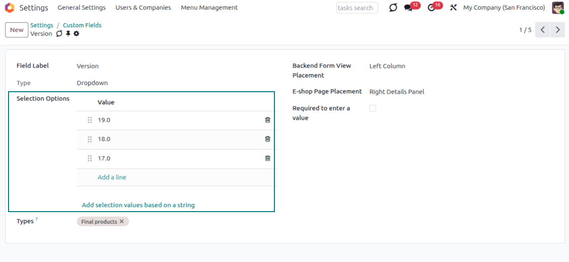 Selection fields for product templates