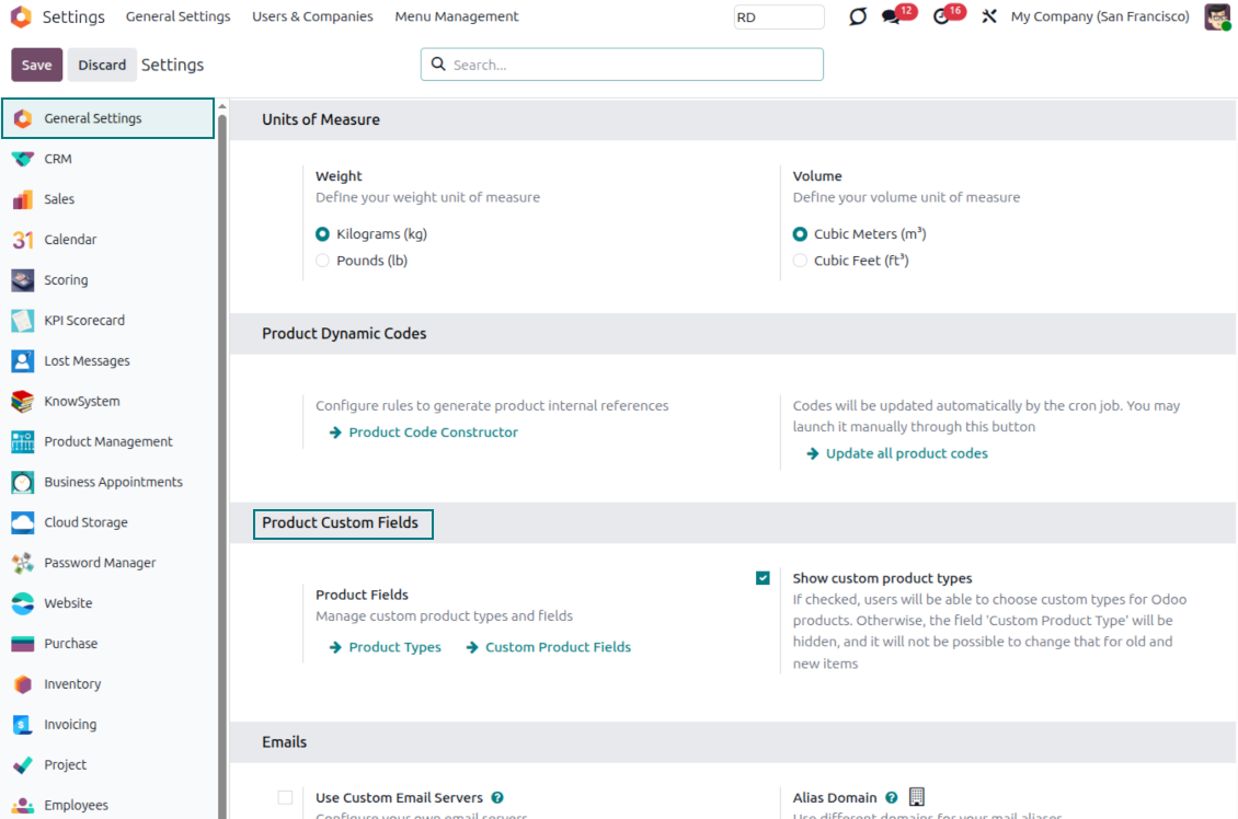 The configuration page for custom fields of products