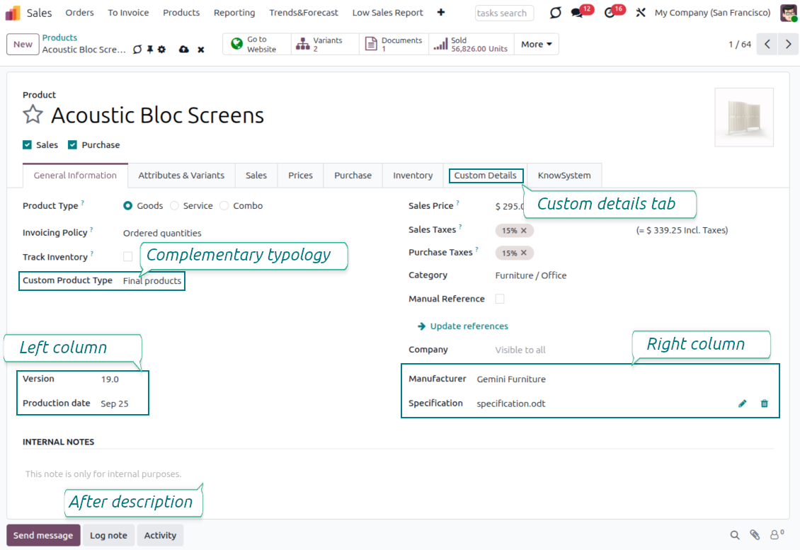 Customize properties of Odoo products