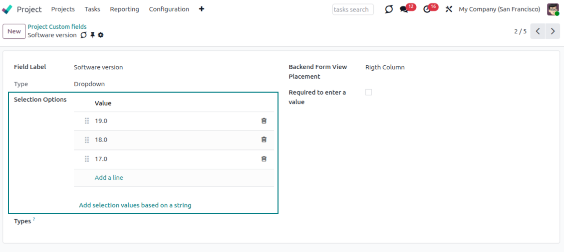 Selection fields for projects