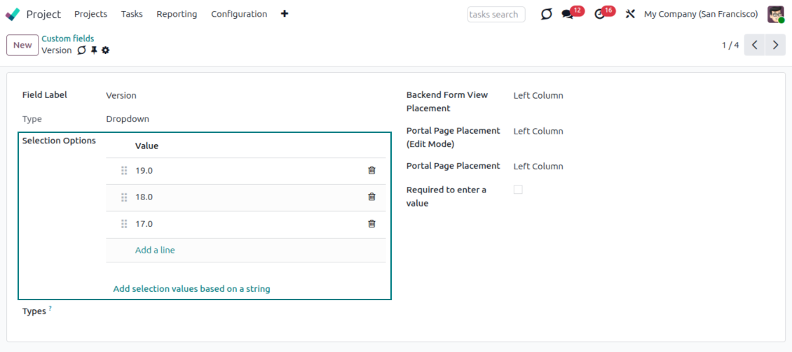 Selection fields for tasks