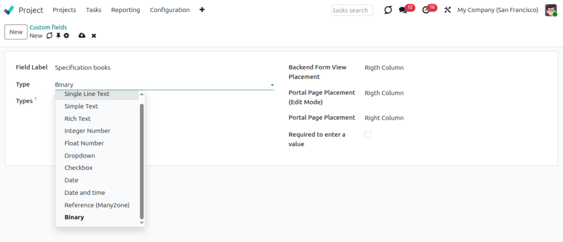 Field types for Odoo tasks