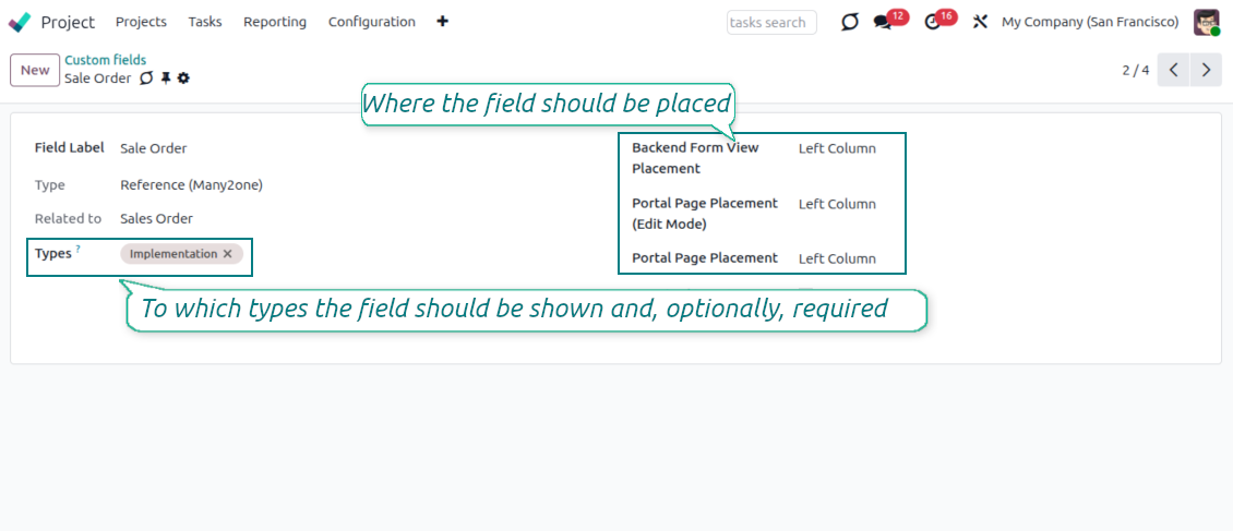 Custom fields depend on the Odoo task type