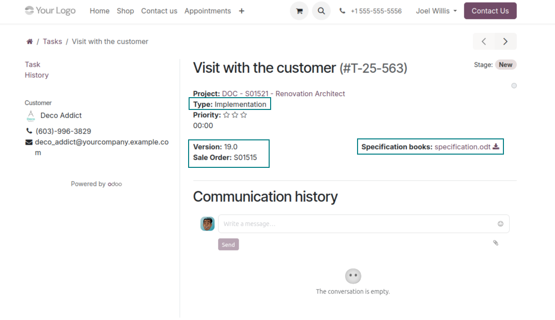 Odoo tasks custom fields in the portal