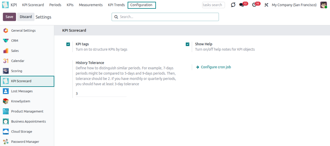 The KPI configuration page