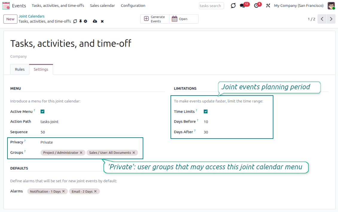 Advanced settings of the joint calendar