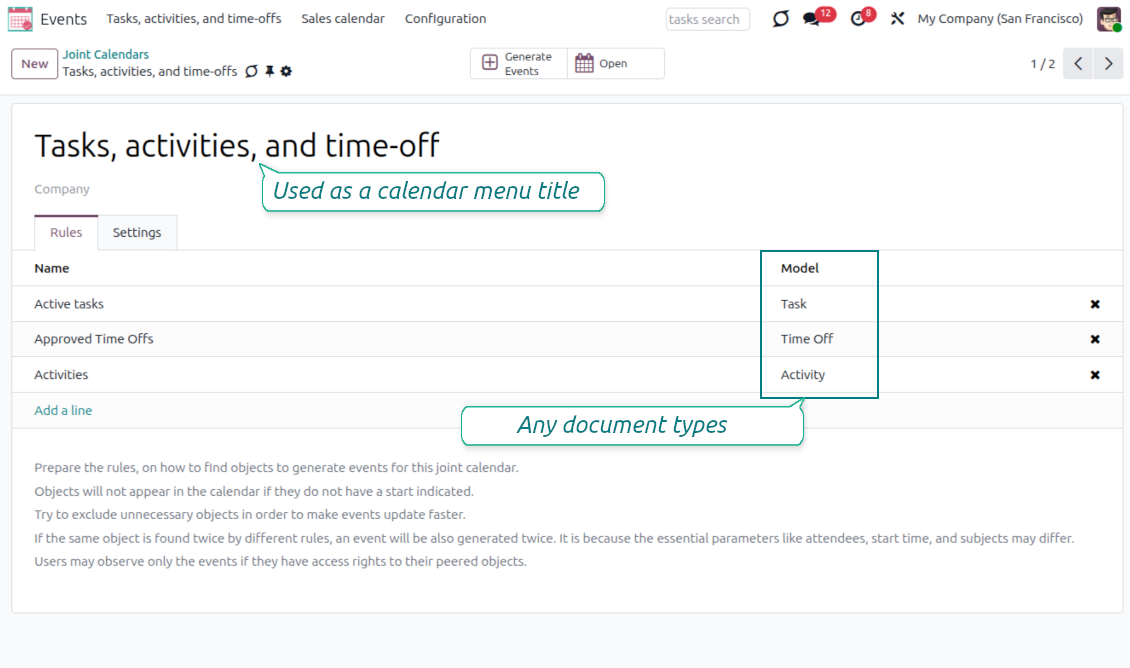 Shared calendar: combine various events