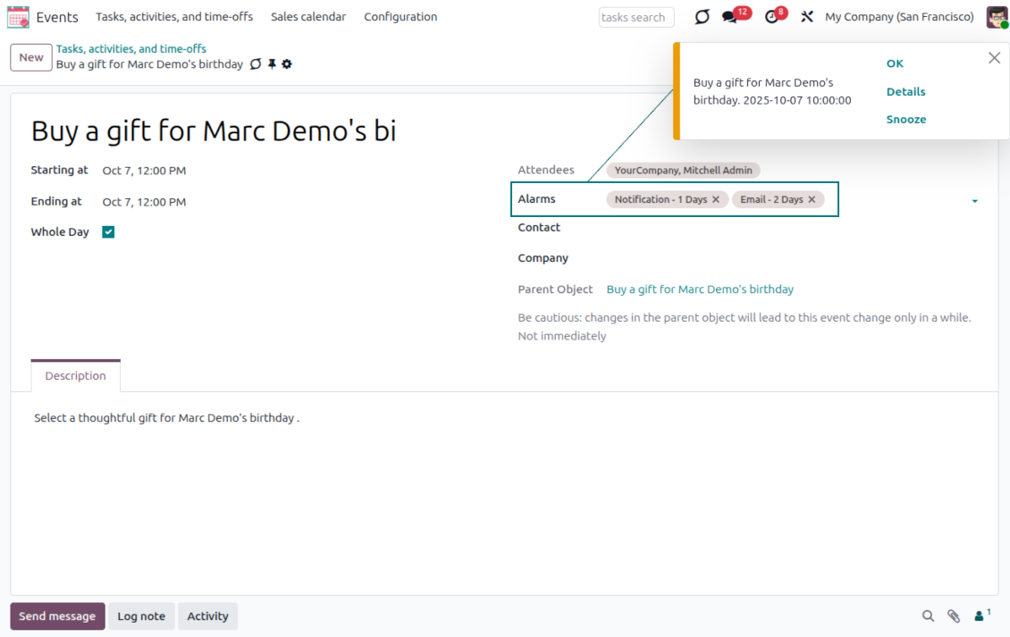 Popups and email alarms for Odoo objects