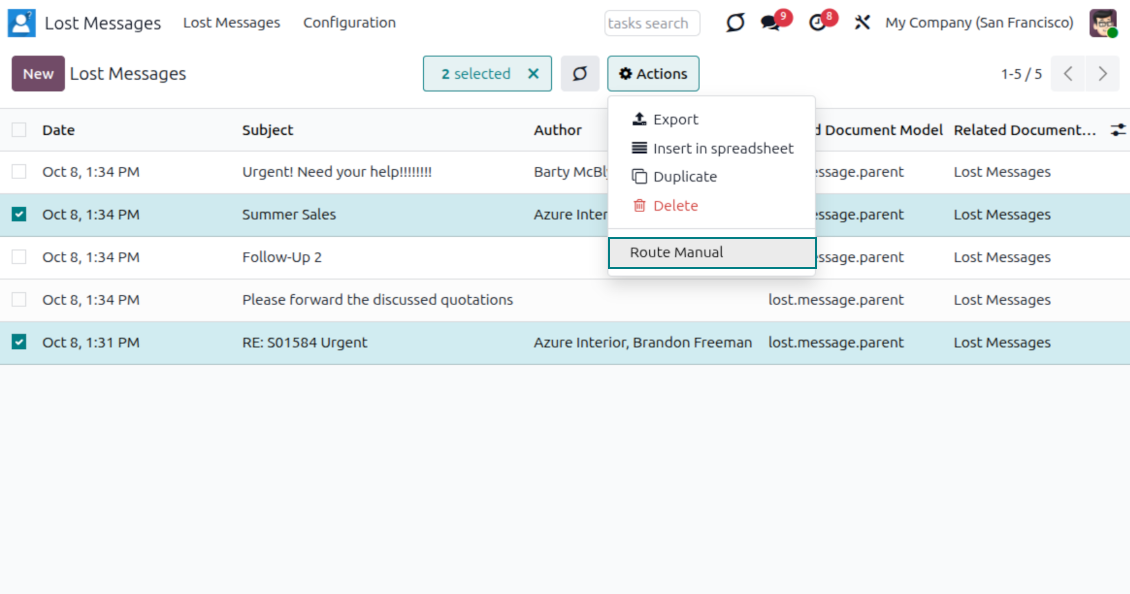 Odoo unattached messages tree and menu