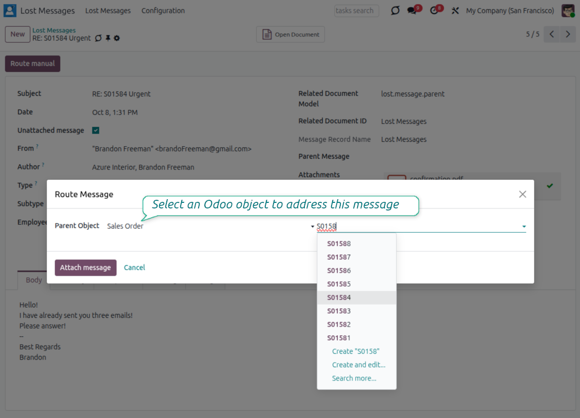 Odoo wizard to assign lost messages