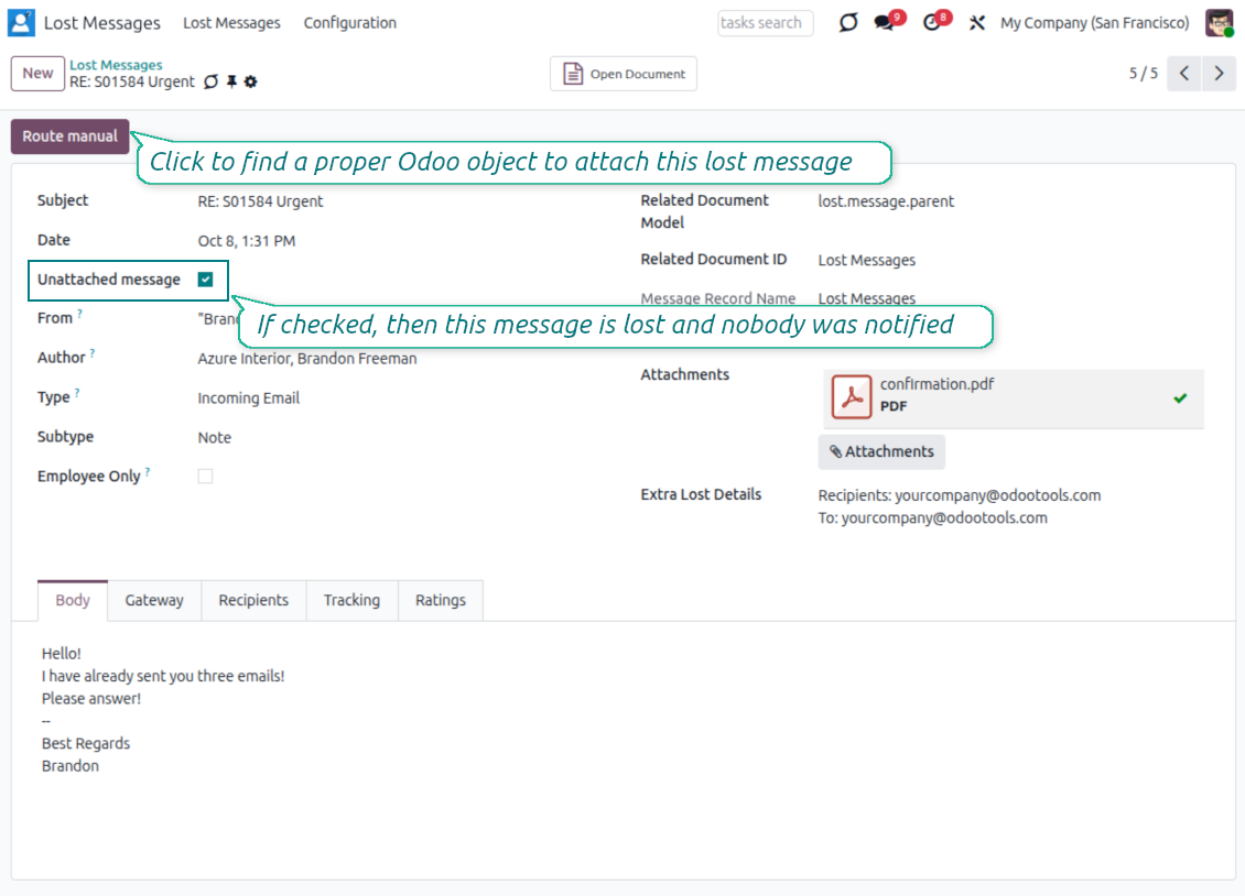 Open the Odoo wizard to address lost messages
