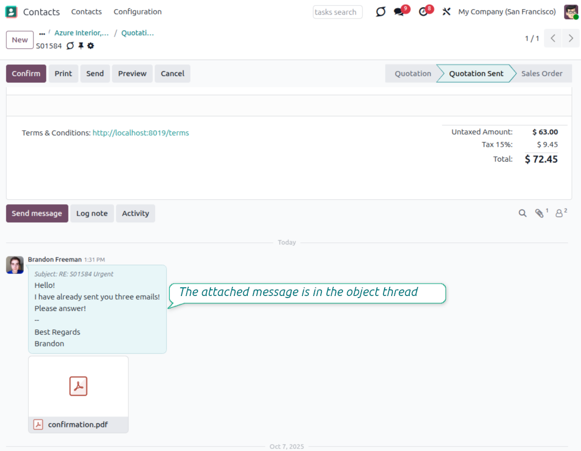 The Odoo object with lost messages