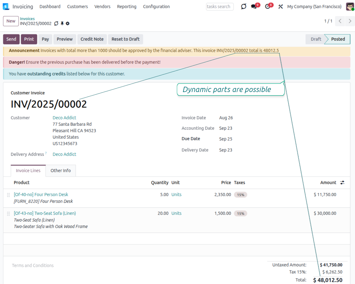 Odoo invoices warnings