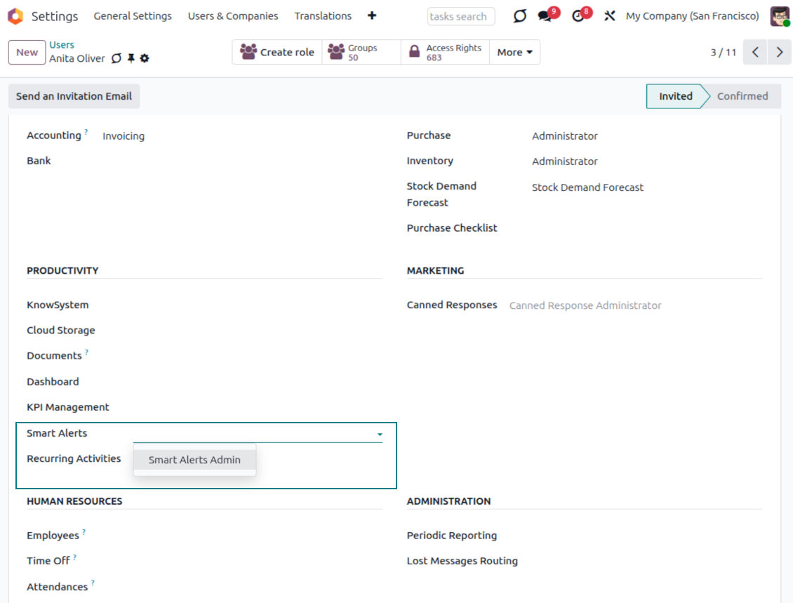 Odoo alarms: the security group