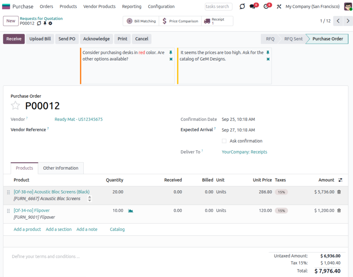Odoo purchase order sticky notes