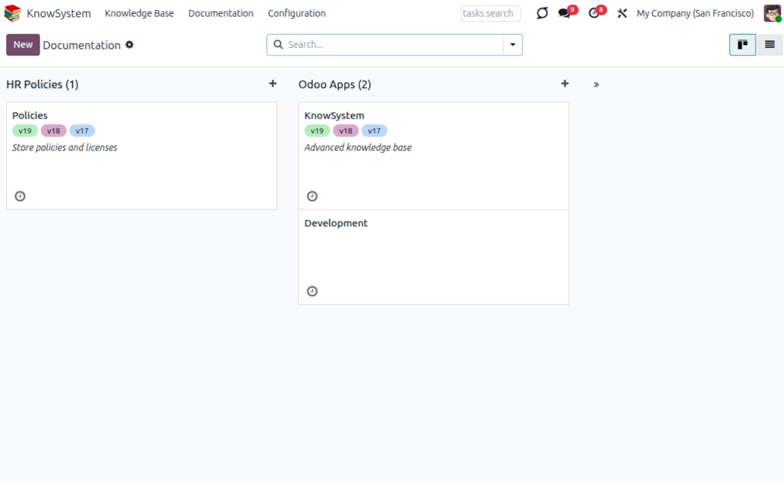Backend view of Odoo knowledge documentation