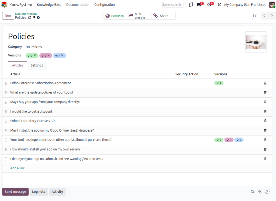 Documentation section settings