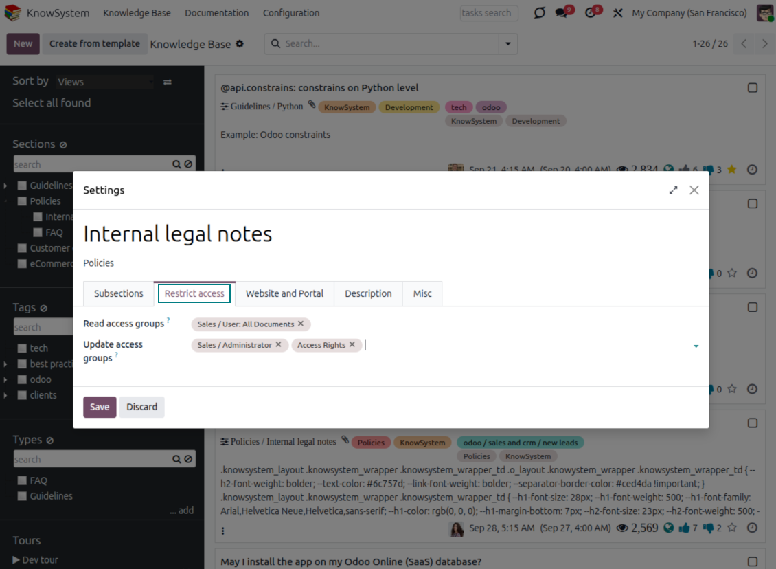 Odoo knowledge base system: sections