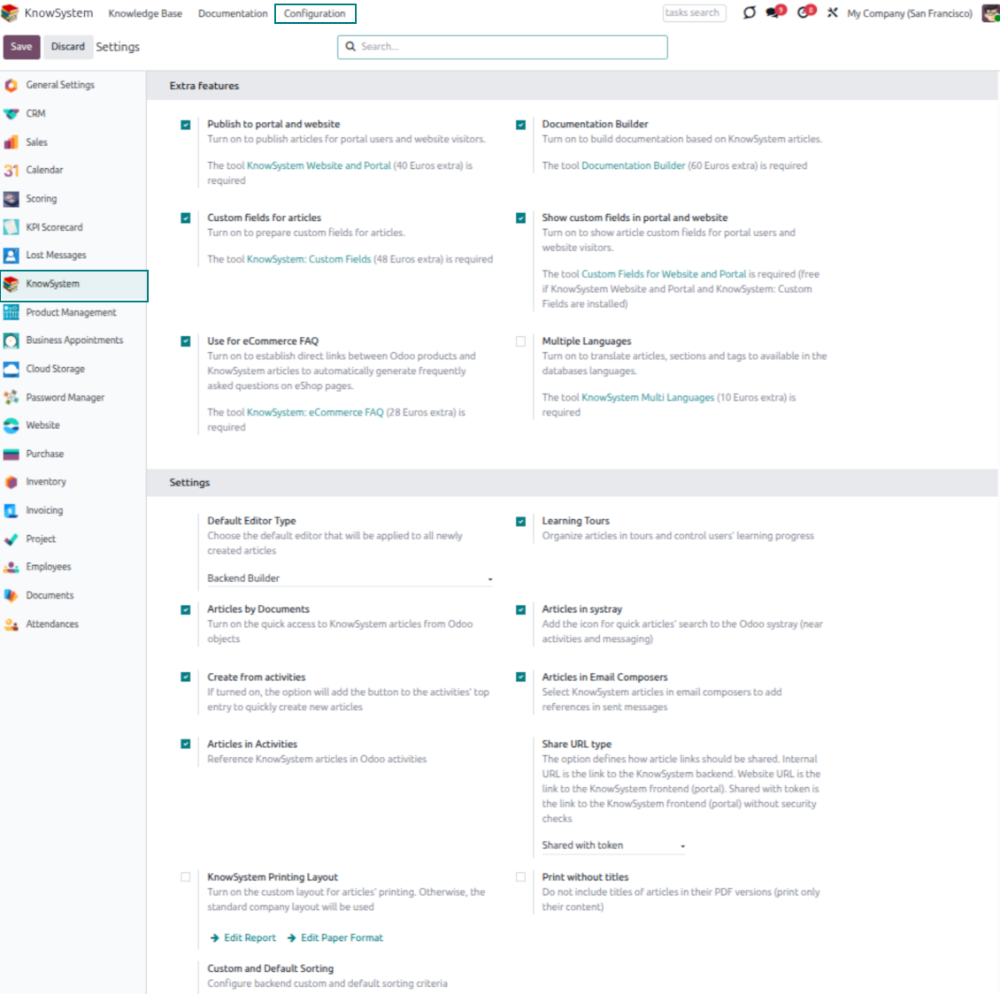 Odoo knowledge base settings