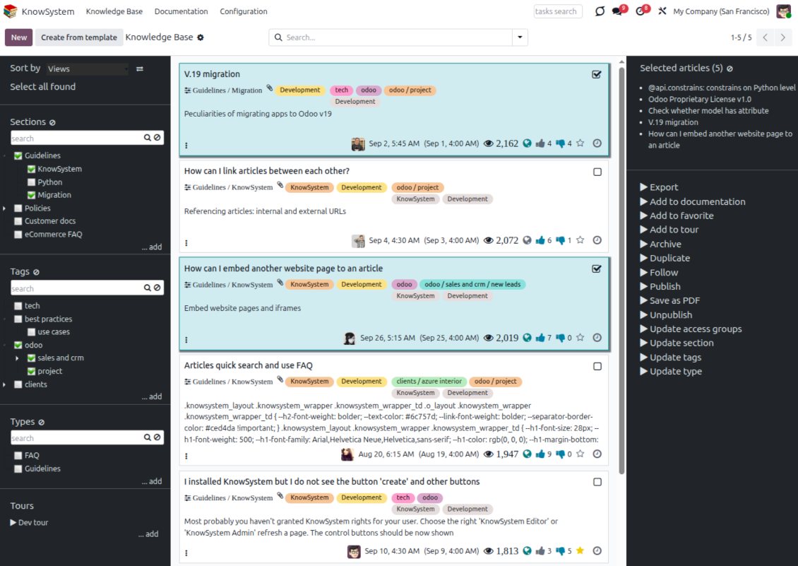 Odoo knowledge system: mass actions for selected articles