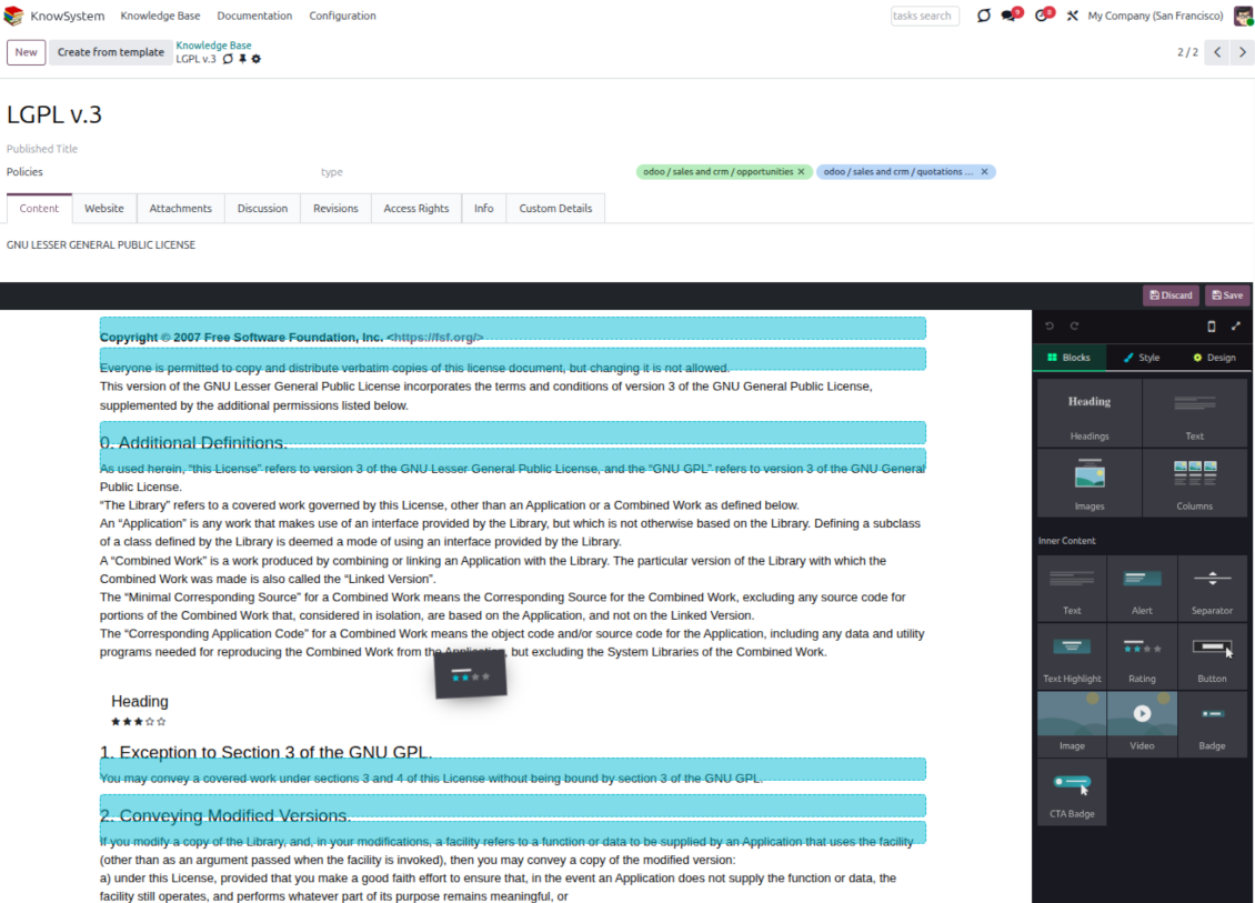 Drag and drop Odoo blocks to construct an article