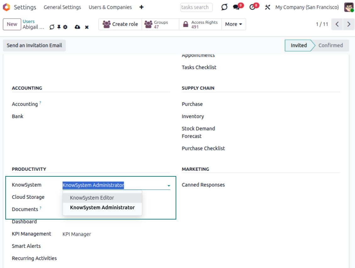 KMS: user rights settings