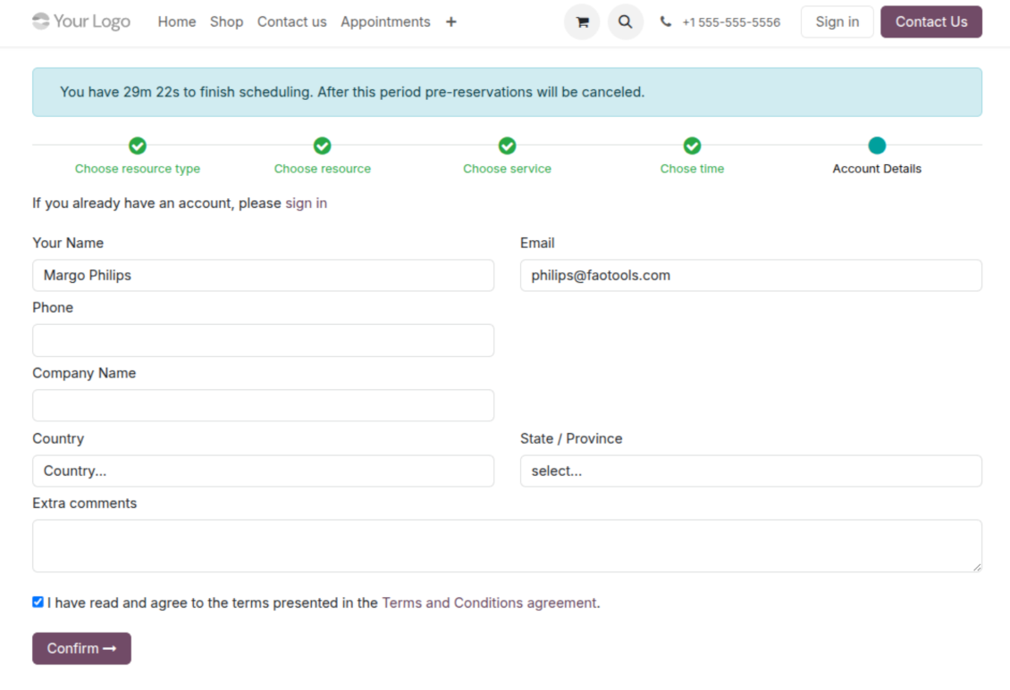 Odoo reservation: contact details