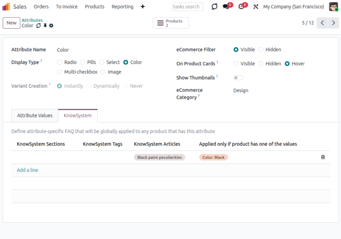 KMS for Odoo attributes and values