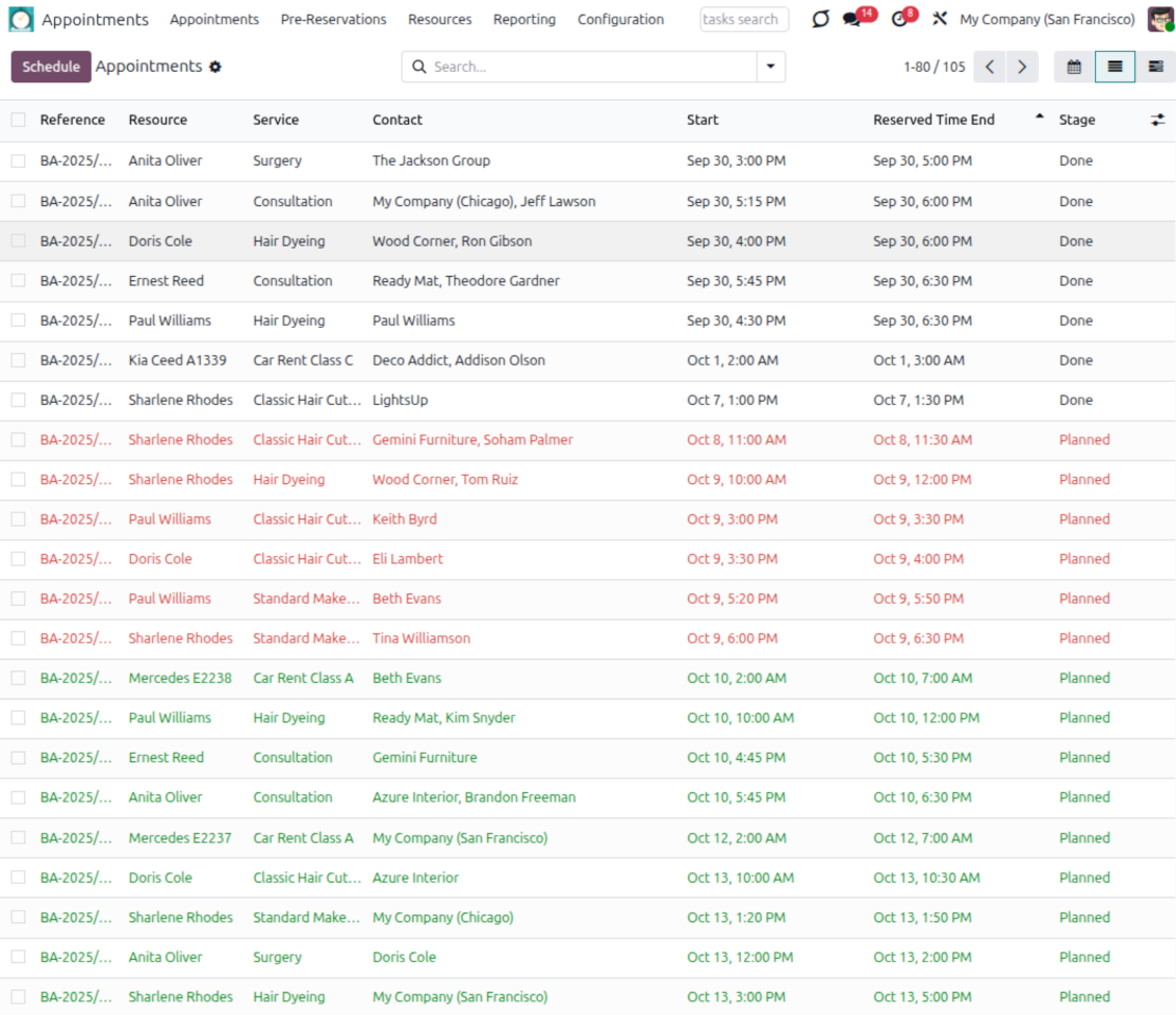 Bookings: Odoo list view