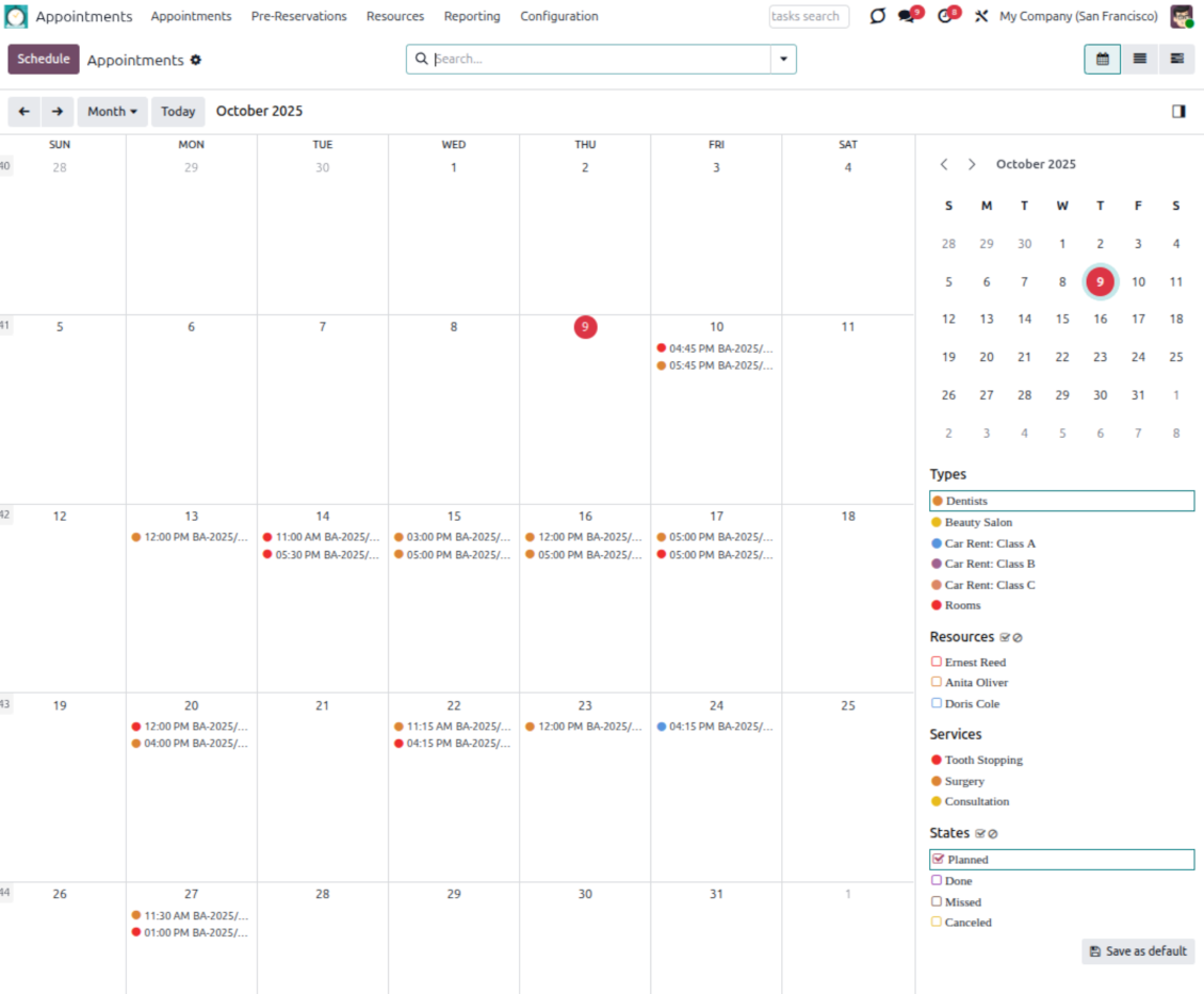 Appointments planning calendar in Odoo