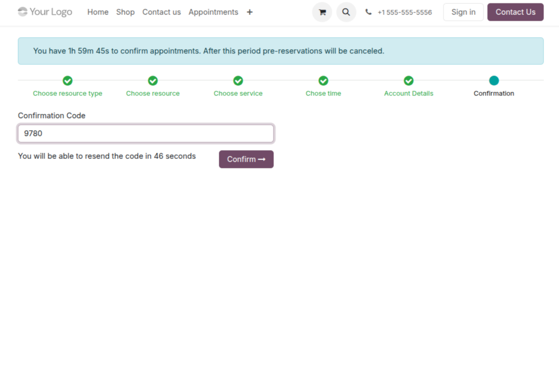 Confirmation code email to finish the appointment