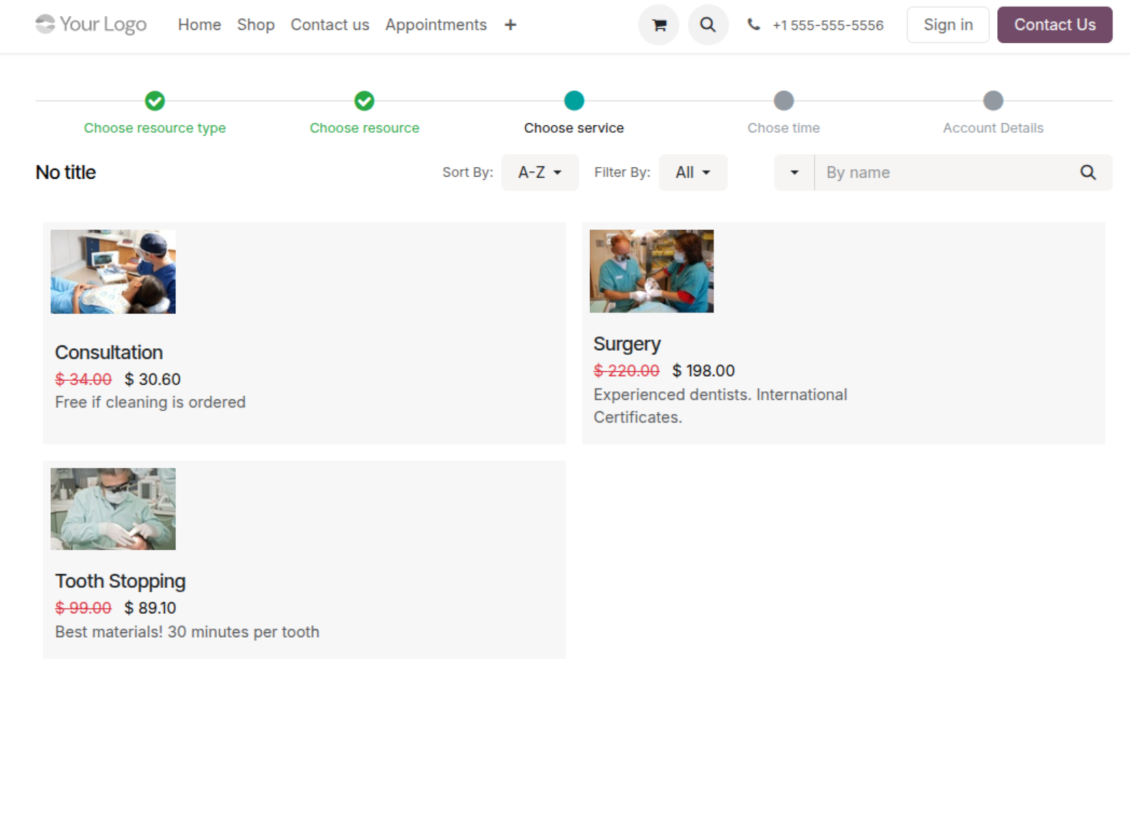 Website service reservation page