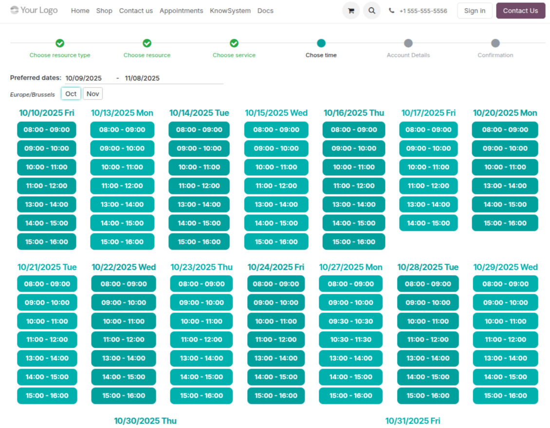 Website time booking page