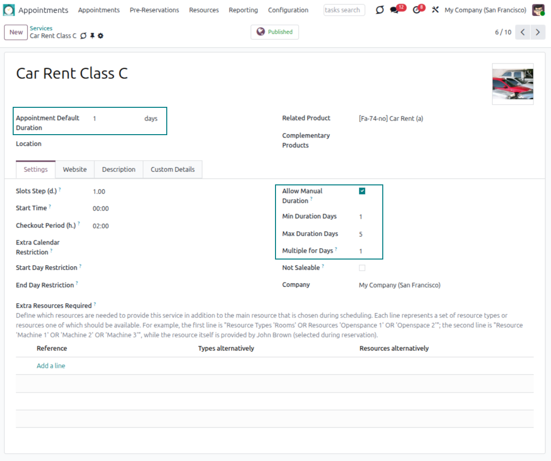 Service duration and price setup
