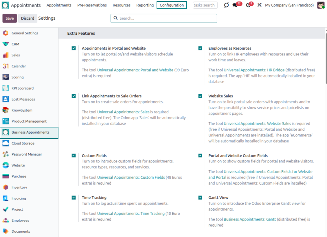 Configuration page: Odoo extra add-ons