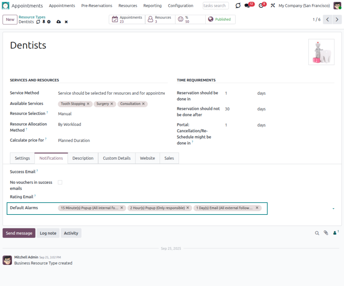 Resource type reminders for linked reservations