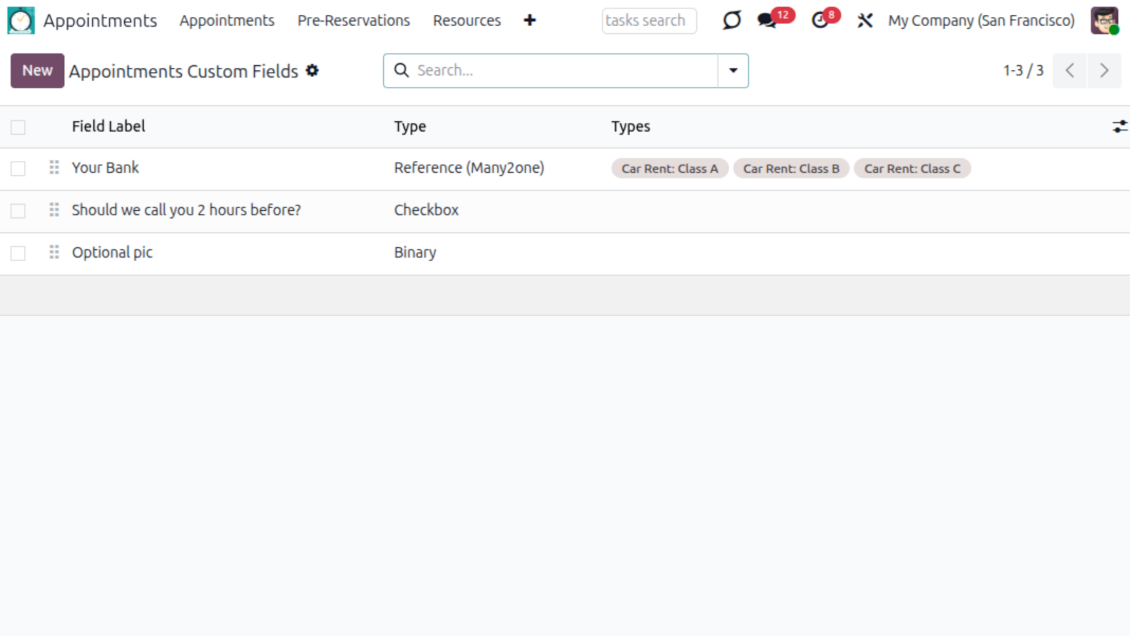 Appointment: the list of custom details