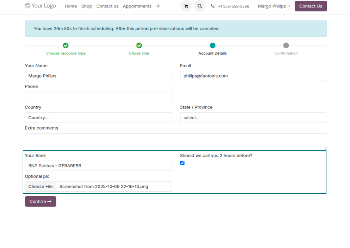 Appointment input form: custom details