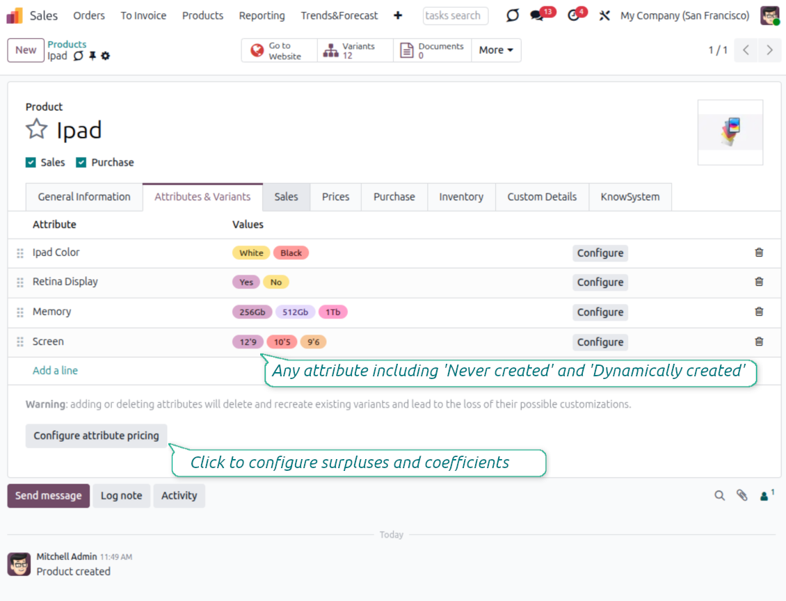 Odoo product template and attribute pricing configuration