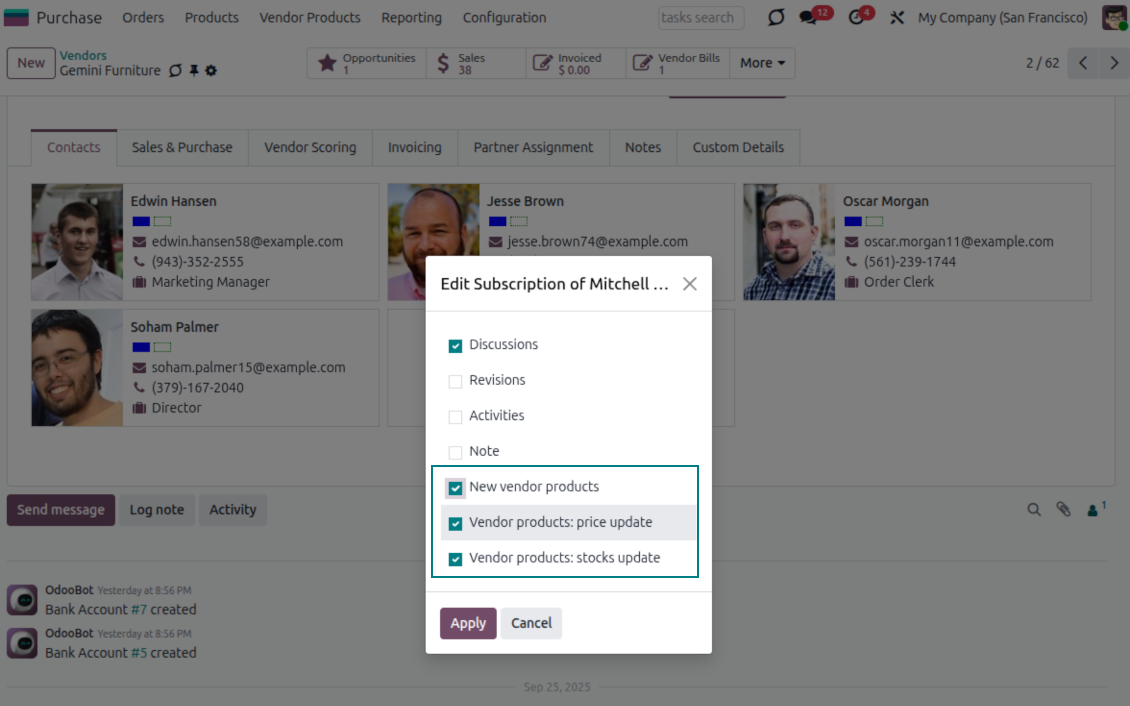 Odoo vendor product-related subscriptions