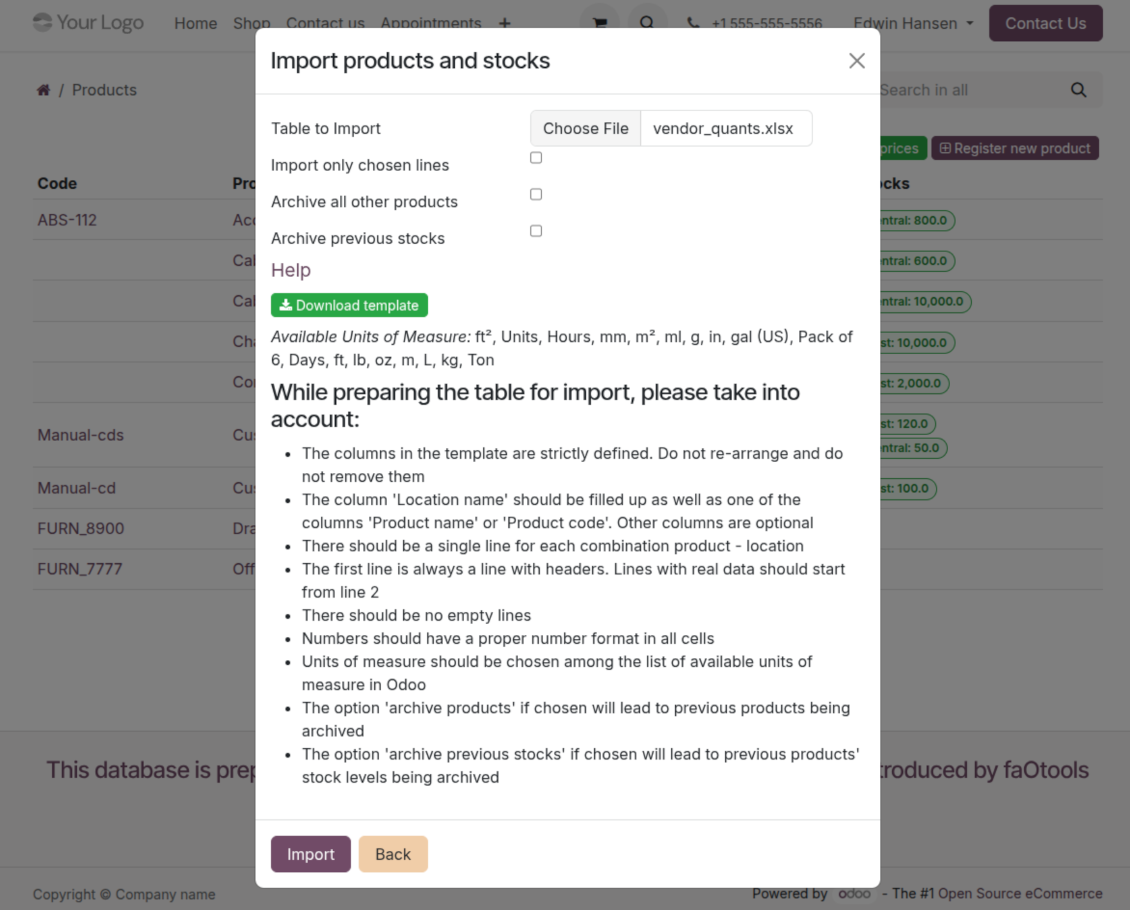 Supplier products' and stocks' portal import