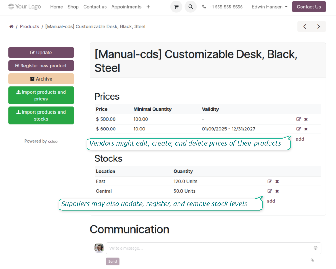 Odoo vendor portal: product card