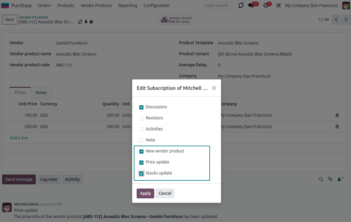 Vendor product subscriptions for prices and stocks