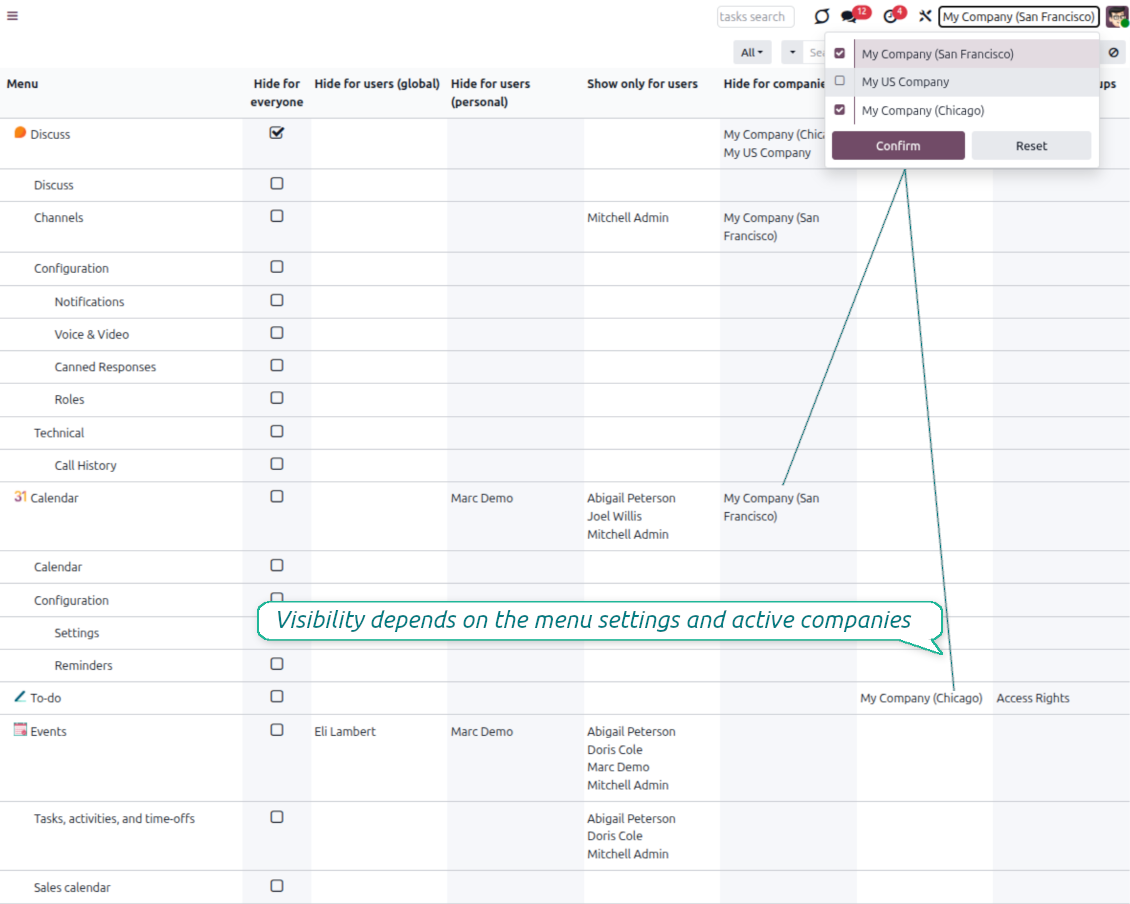 Hide/show menus for specific Odoo companies
