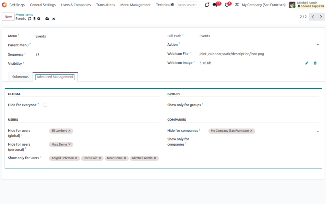 Standard Odoo menu settings